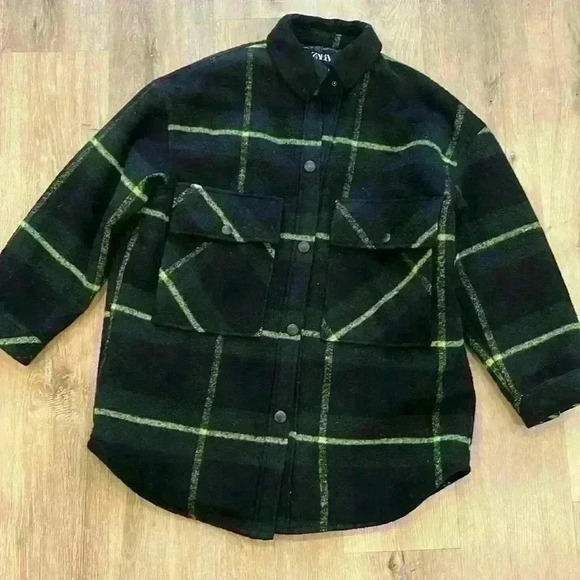 Zara black green flannel oversized jacket snap closure - Picture 1 of 4